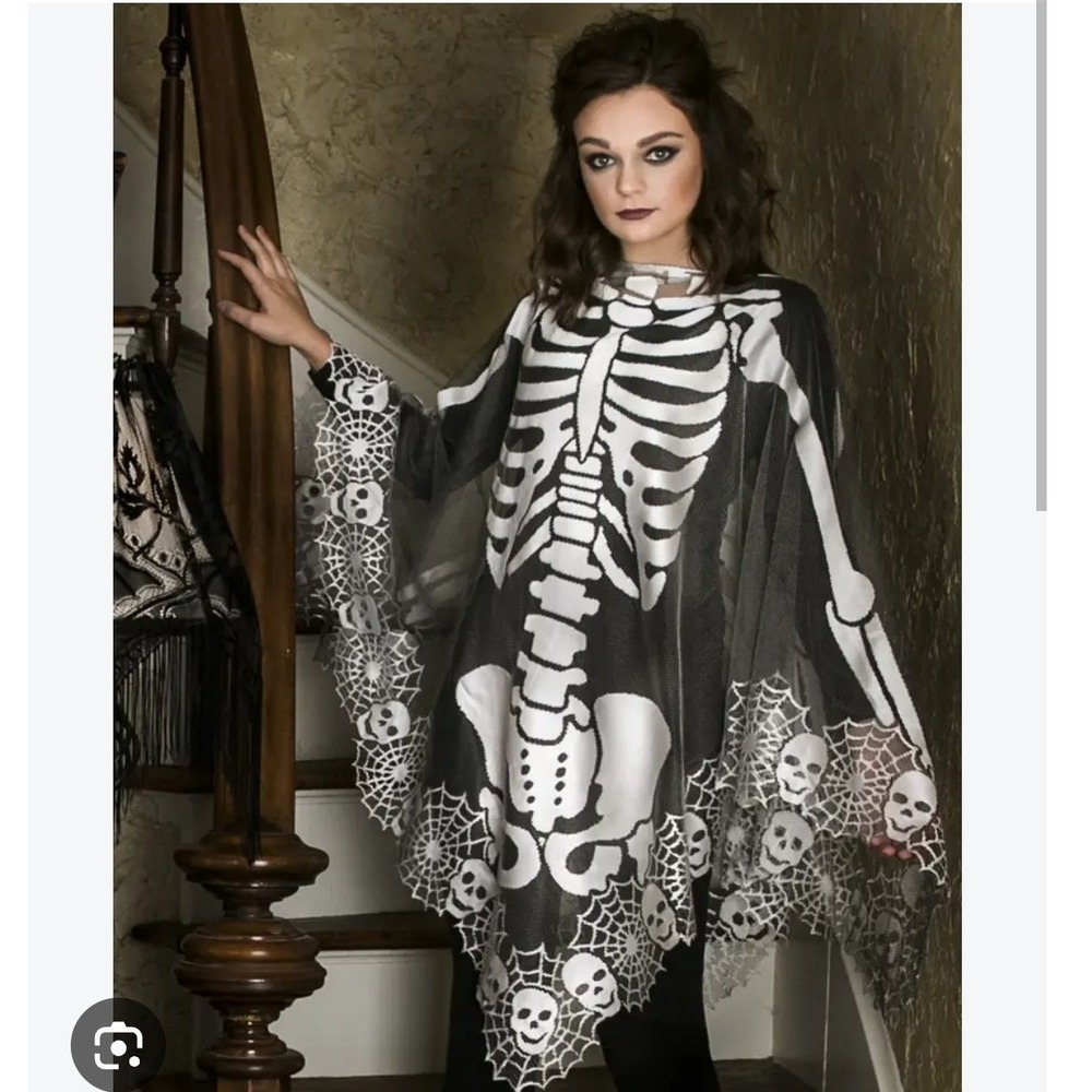 NWT Sheer Grey Skeleton poncho scarf easy costume goth cosplay one size